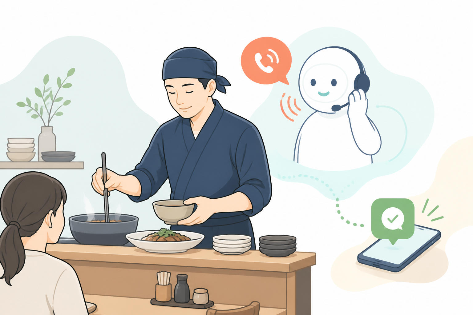 店舗の作業に集中しながらAIが電話を受けてLINEへ通知する運用のイラスト